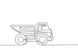 Single one line drawing dump truck toy. Heavy automobile for children's play. Auto in flat design. Kids toy dump truck transportation. Modern continuous line draw design graphic vector illustration