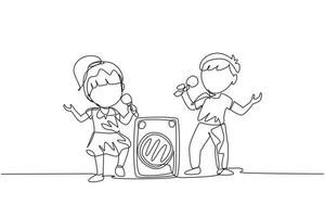 Single one line drawing little boy and girl sing a song together. Good performance and talent on stage. Beautiful melodic singing of children. Continuous line draw design graphic vector illustration