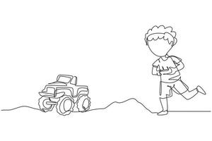 Single one line drawing boy playing with remote-controlled monster truck toy. Kids playing with electronic toy truck with remote control in hands. Continuous line design graphic vector illustration