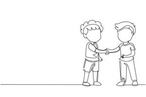 Single one line drawing boys standing and shaking hands making friendship. Children introduce themselves. Cute boys touching each other's hand. Continuous line draw design graphic vector illustration