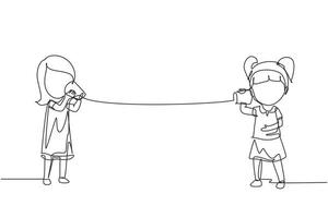 Single one line drawing girls speaking by tin can telephone. Two friends playing in phone with self made speech transmitting device, kids have fun speaking. Continuous line draw design graphic vector