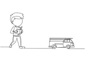 Single one line drawing boy playing with remote-controlled fire truck toy. Cute kids playing with electronic toy fire truck with remote control in hands. Continuous line draw design graphic vector