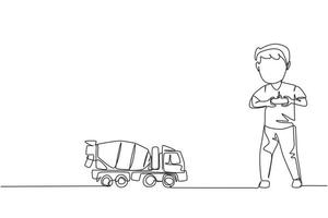 Continuous one line drawing boy playing with remote-controlled mixer truck toy. Cute kids playing with electronic toy mixer truck with remote control in hands. Single line draw design vector graphic