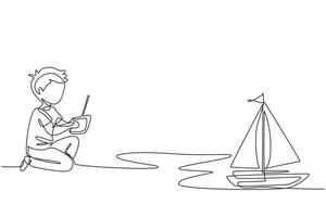 Single continuous line drawing boy playing with remote-controlled sailboat toy. Kids playing with electronic sailboat toy with remote control in hands. One line draw graphic design vector illustration