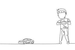 Single continuous line drawing little boy playing with remote-controlled car. Cute kids playing with electronic toy car with remote control in hands. One line draw graphic design vector illustration