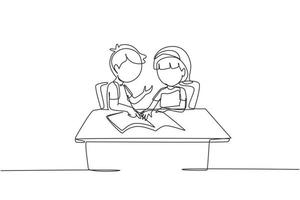 Continuous one line drawing children pupils studying together while boy explains to girl pointing at their notebook. Kids makes homework from school. Single line design vector graphic illustration