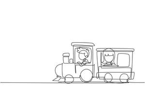 Single continuous line drawing cheerful boy and girl riding on train at amusement park. Happy kids riding toy train or having fairground ride. Children journey. One line draw graphic design vector