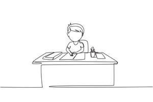 Single continuous line drawing boy studying on table with stationery such as books, pencils, pens. Kid makes homework from school. Intelligent student. One line draw graphic design vector illustration