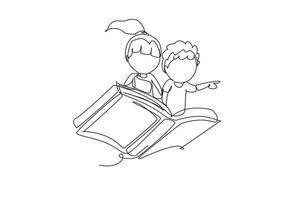 Single one line drawing little boy and girl student or preschooler flying on magic book. Happy kids flying on the book. Knowledge power concept. Continuous line draw design graphic vector illustration