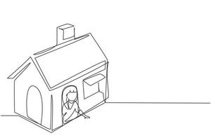 Single continuous line drawing cute little girl playing in house made of cardboard boxes. Creative child sitting in playhouse. Leisure time. Dynamic one line draw graphic design vector illustration