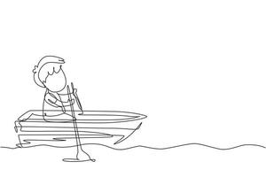 Single continuous line drawing cute little boy riding on boat at river. Kids riding on wooden boat. Kids rowing boat on lake. Happy children paddle boat. Dynamic one line draw graphic design vector