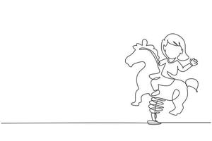 dibujo de una sola línea niña montando a caballo en el parque infantil. niños montando a caballo de juguete meciéndose. niña feliz montando a caballo columpiándose balancín. ilustración de vector gráfico de diseño de línea continua