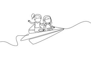 Continuous one line drawing Happy two little girls flying on paper plane. Kids flying on paper airplane together. Children back to school concept. Single line draw design vector graphic illustration