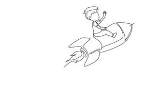 Continuous one line drawing happy boy is sitting on flying rocket. Preschool kid. Children sitting on rocket. Back to school. Educational concept. Single line draw design vector graphic illustration