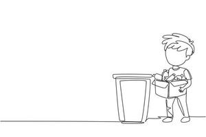 Continuous one line drawing boy gathering garbage and plastic waste for recycling. Kid picking up plastic bottles into garbage. Waste recycling for reuse. Single line draw design vector graphic