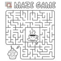 Maze puzzle game for children. Outline maze or labyrinth game with cake and tea. vector