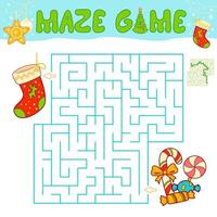 Christmas Maze puzzle game for children. Maze or labyrinth game with Christmas Sock. vector