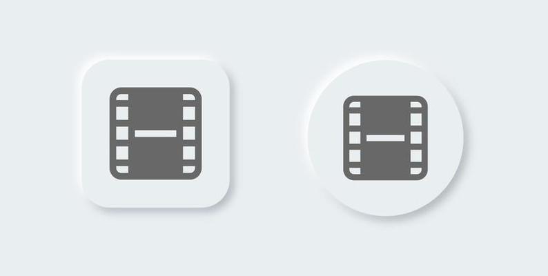 Film solid icon in neomorphic design style. Film strip symbol for multimedia interface.