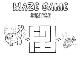 Simple Maze puzzle game for children. Outline simple maze or labyrinth game with seal. vector