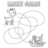 Maze puzzle game for children. Outline maze or labyrinth. Find path game with deer. vector