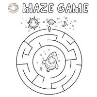 Maze puzzle game for children. Outline circle maze or labyrinth game with rocket. vector