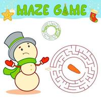 Christmas maze puzzle game for children. Circle maze or labyrinth game with Christmas Snowman. vector