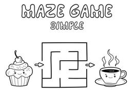 Simple Maze puzzle game for children. Outline simple maze or labyrinth game with cake and tea. vector