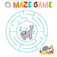 Maze puzzle game for children. Circle maze or labyrinth game with seal. vector