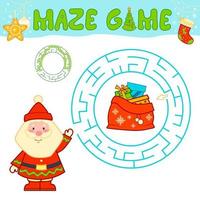 Christmas maze puzzle game for children. Circle maze or labyrinth game with Santa claus. vector