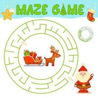 Christmas maze puzzle game for children. Circle maze or labyrinth game with Santa claus. vector