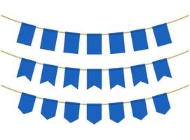 Blue flags for decoration on white background. Bunting flags on the ropes vector