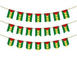 Sao Tome and Principe flag on the ropes on white background. Set of Patriotic bunting flags. Bunting decoration of Sao Tome and Principe flag vector