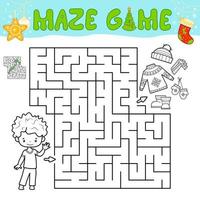 Christmas Maze puzzle game for children. Outline maze or labyrinth game with christmas boy. vector