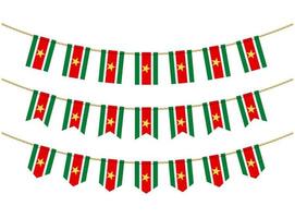 Suriname flag on the ropes on white background. Set of Patriotic bunting flags. Bunting decoration of Suriname flag vector