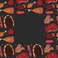 Seamless meat pattern with place for text. Colored meat background. Doodle vector illustration with meat products icons