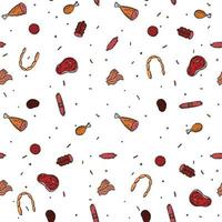 Seamless meat pattern. Colored meat background. Doodle vector illustration with meat products icons