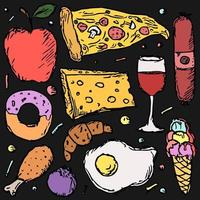 food icons. Colored food background. Doodle vector illustration with food icon