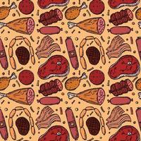 Seamless meat pattern. Colored meat background. Doodle vector illustration with meat products icons