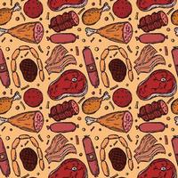 Seamless meat pattern. Colored meat background. Doodle vector illustration with meat products icons