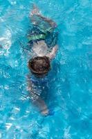 young boy swimming underwater with goggles in pool photo