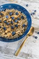 Bowl of oatmeal and blueberries on bright rustic setting photo