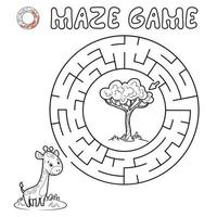 Maze puzzle game for children. Outline circle maze or labyrinth game with giraffe. vector