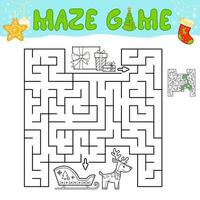 Christmas Maze puzzle game for children. Outline maze or labyrinth game with christmas sleigh. vector