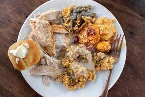 plate of Thanksgiving turkey and sides flat lay photo