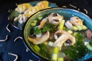 healthy clear broth soup with mushrooms and brocklie photo