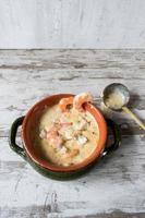 hot creamy seafood chowder in bowl top view photo