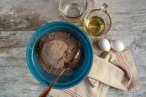 ingredients for making brownies from scratch flat lay photo