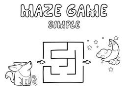 Simple Maze puzzle game for children. Outline simple maze or labyrinth game with wolf. vector