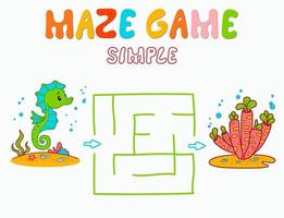 Simple Maze puzzle game for children. Color simple maze or labyrinth game with Sea Horse. vector