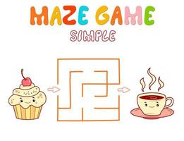 Simple Maze puzzle game for children. Color simple maze or labyrinth game with cake and tea. vector